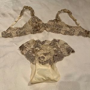 New La Perla Cream and Silver Lace Embroidery Bra and Panty Set